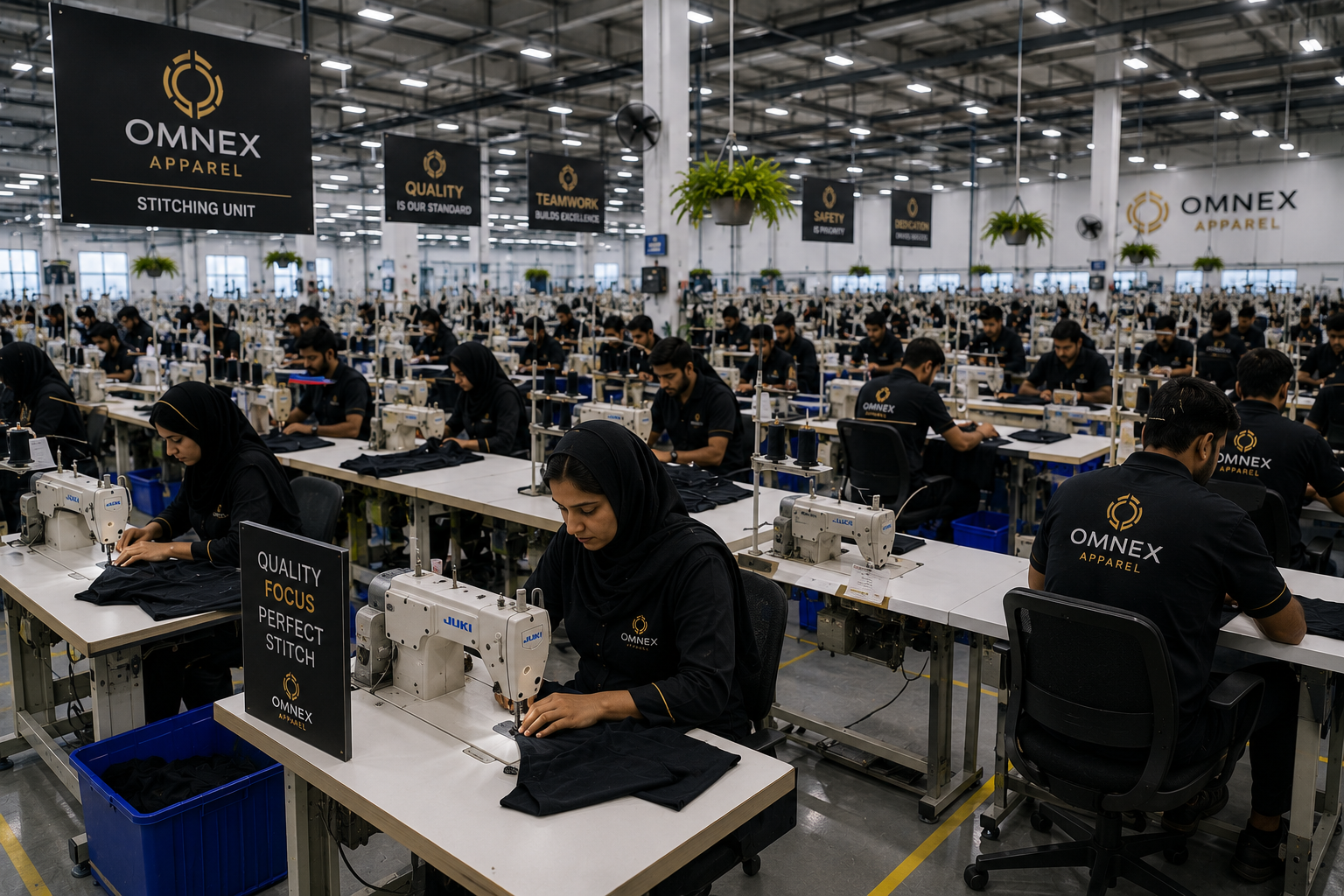 Operators at Juki machines across the Omnex Apparel stitching unit, working on dark garment panels